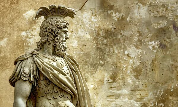 Marble statue of bearded warrior in profile against textured wall