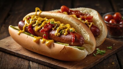 Two hot dogs topped with mustard, ketchup, and pickles on a wooden board.