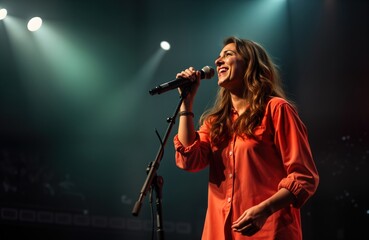 Woman sings on stage. Female artist performs with microphone. Concert scene. Music performance. Entertainment event. Vocalist. Lights spotlighting stage. Energetic atmosphere. Musician. Performance