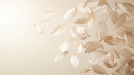 Delicate Beige Leaves Floating, Calm, Soft Light Background, Copy Space