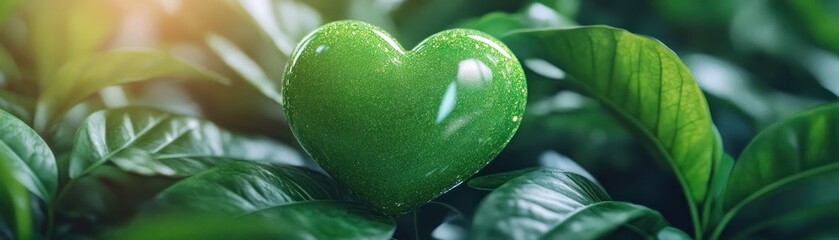A vibrant green heart, like Cupid aiming a jeweled arrow at a radiant heart, encapsulating emotion and passion, rests amidst lush foliage Symbolizing life, growth, and love, this image captures the
