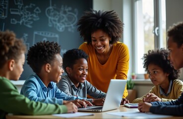 African American teacher guides diverse group of children in lesson. Study computer program on laptop at classroom table. Students interact with teacher, engage in discussion. Classroom environment
