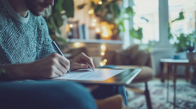 Freelancer revising project proposals in a home office. Featuring a tablet and pen