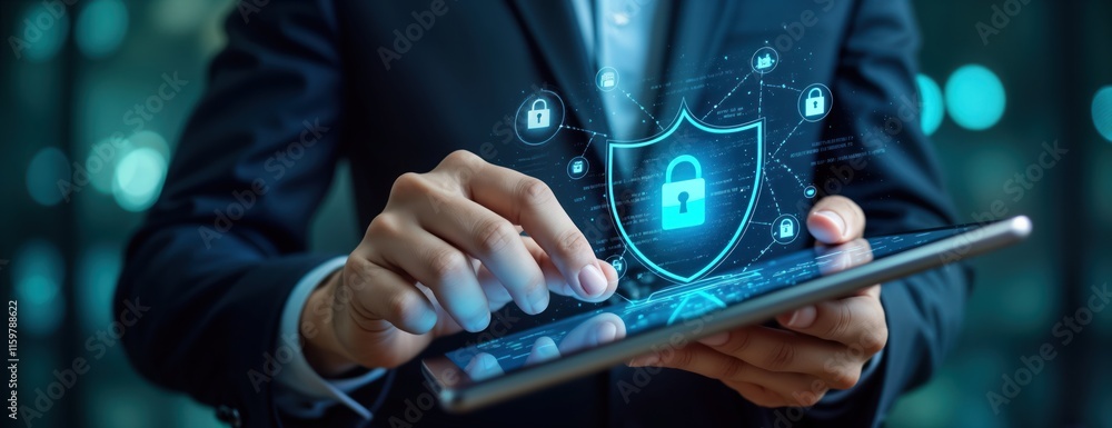 Poster businessman uses tablet for cyber security, data protection. digital shield, lock graphic appears on