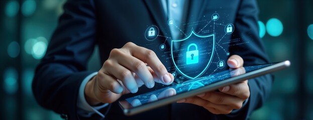 Businessman uses tablet for cyber security, data protection. Digital shield, lock graphic appears on screen. Protects business, financial data with innovative tech. Network connection visualized.