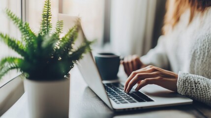 Fototapeta premium Freelancer using a laptop in a cozy home office with a plant and coffee mug. Featuring an organized workspace