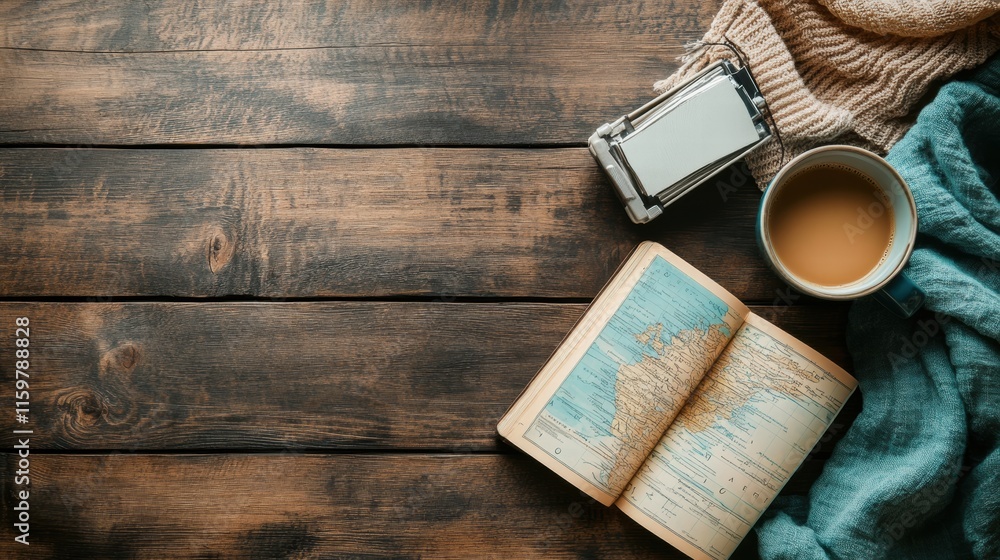 Leinwandbilder cozy flatlay featuring a warm cup of coffee and an open travel guide on a rustic wooden table. gener