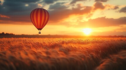 Fototapeta premium Hot Air Balloon Soaring Over Golden Wheat Field at Sunset