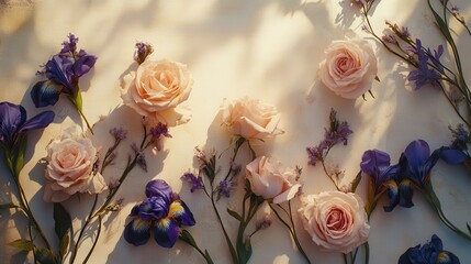 Pink roses and purple irises on taupe background with diffused sunlight © Fightstar