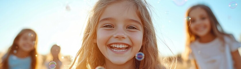 Capture the joy of childhood with this image of a group of children chasing bubbles in a golden hour field Relive those sweet memories and fleeting moments of happiness The vibrant colors of the