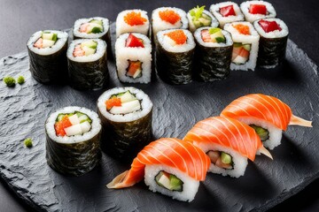 Artistic sushi arrangement on dark background, featuring fresh fish and vegetable rolls. Perfect for culinary promotions, social media content, and food blogs, emphasizing freshness and visual appeal.