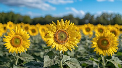 Fototapeta premium A vibrant field of sunflowers under a blue sky, showcasing nature's beauty and tranquility.