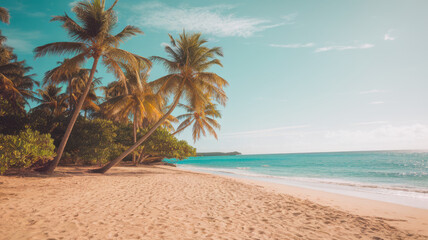 Obraz premium A serene tropical beach scene featuring swaying palm trees, soft golden sand, and turquoise waters under a bright blue sky.