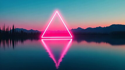 A vibrant neon triangle casts bright hues over a serene lake at dusk, blending technology with enchanting nature. - Powered by Adobe