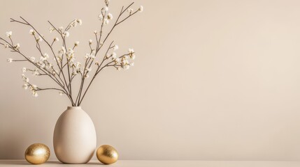 Minimalist easter decor with golden eggs and blossoming spring branches in ceramic vase. Horizontal banner. Copy space. Branches with flowers in a vase and gold Easter eggs on a light beige background