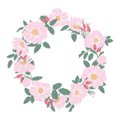 Wreath of rosehip flowers. A frame of roses. Pink flowers in a circle. For invitations, posters, postcards, packaging