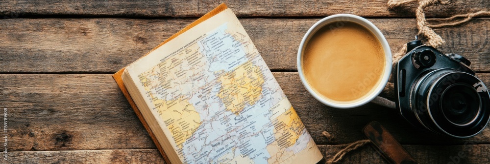 Aufkleber enjoying a warm cup of coffee while exploring a travel guide on a rustic wooden surface during a coz