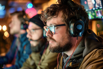 Director wearing headphones, watching monitors with crew, capturing a dramatic close-up shot