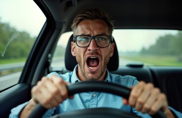 Obraz premium Man in car driving. Frustrated expression. Angry and upset driver. Driving on highway or road. Focus on emotion of driver. Likely road trip or commute. Man is clearly agitated.