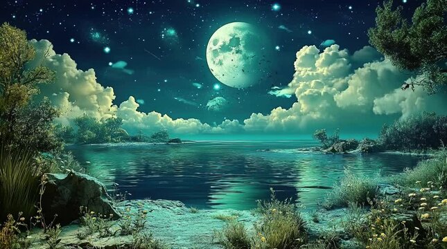 Fantasy lake under a glowing full moon surrounded by serene nature in a magical night setting  
Seamless looping 4k time-lapse virtual video animation Generated AI