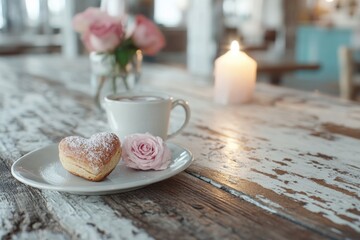 Discover creative heart-shaped pastries in a romantic cafe setting, adorned with delicate roses and softly glowing candles, creating the perfect ambiance for a special occasion or a quiet moment of
