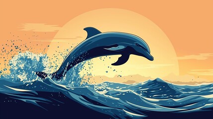 Obraz premium Dolphin leaps from ocean waves as sunset paints the sky in warm hues