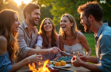 Young people enjoy summer evening barbecue in garden. Friends laugh, share food. Relaxing time outdoors. Happy atmosphere. Great friendship, leisure. Diverse group of people enjoying food, drinks.