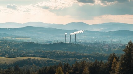 Distant Factory Town Amidst Majestic Mountains