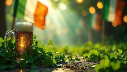 Refreshing beer among clovers and Irish flags during St. Patrick's Day celebration