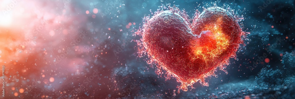 Poster a vibrant heart shape created with splashes of color and light against a cosmic background.