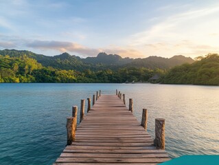 Fototapeta premium Experience an idyllic overwater bungalow sunset view, the ultimate romantic getaway Discover luxury and serenity with this breathtaking panorama Find peace and tranquility in this paradise retreat
