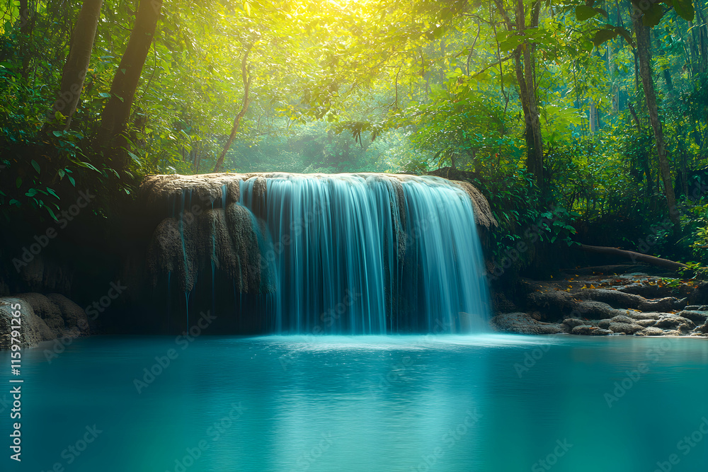 Poster serene waterfall cascading into a turquoise pool, nestled within a lush green rainforest. sunlight f