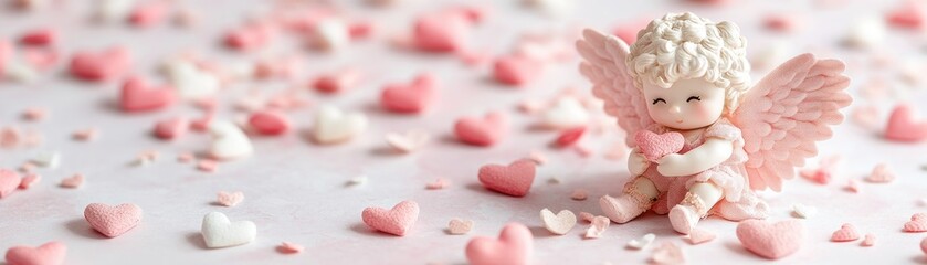 Experience the magic of romance with Cupid surrounded by floating hearts and soft light, a whimsical scene celebrating the essence of affection This image captures the beauty of love with delicate