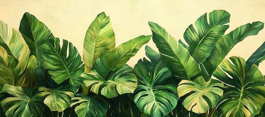 A vibrant illustration of lush green tropical leaves against a soft background.