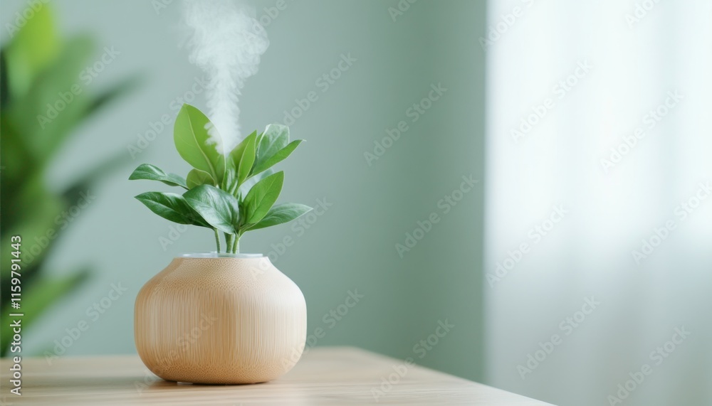 Poster experience tranquility with a captivating scene a diffuser gently misting, surrounded by lush plants