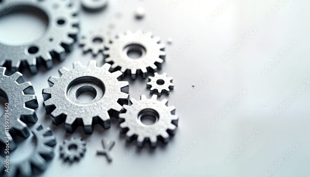 Poster abstract image of metallic gears. gray gears on white background. complex interweaving gears represe