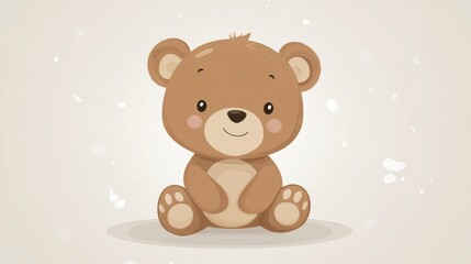 Cute Brown Baby Bear Sitting, Soft Pastel Background, Adorable Cartoon Character