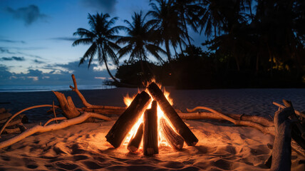 A serene beach campsite featuring a glowing campfire surrounded by palm trees under a twilight sky, creating a peaceful getaway atmosphere.