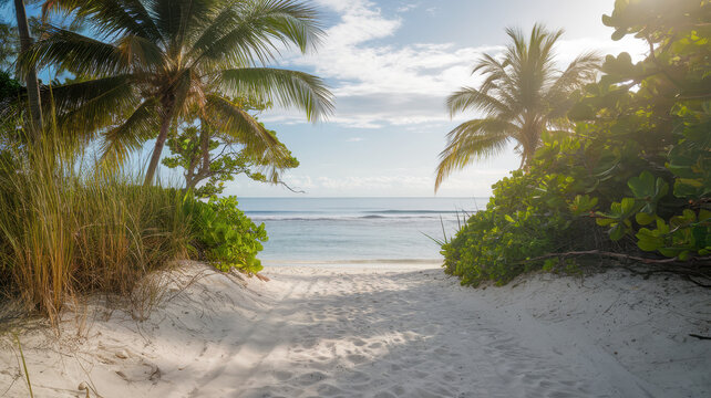 A serene beach entrance framed by tropical greenery, with golden sand leading to calm turquoise waters under a bright blue sky.