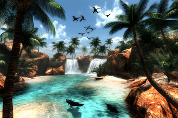 Idyllic tropical paradise turquoise waters, cascading waterfalls, palm trees, and birds in flight.  Perfect for travel, vacation, or relaxation themes.