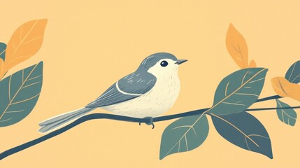 Serene Gray Bird Perched on Branch, Autumn Leaves, Peaceful Nature Illustration