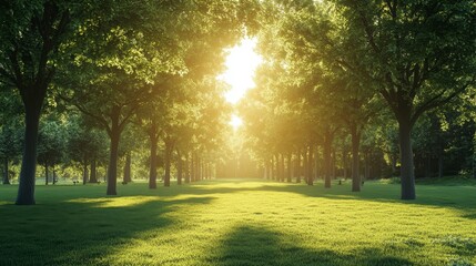 Obraz premium Sunlit Green Tree-Lined Park Path - Serene Summer Scene