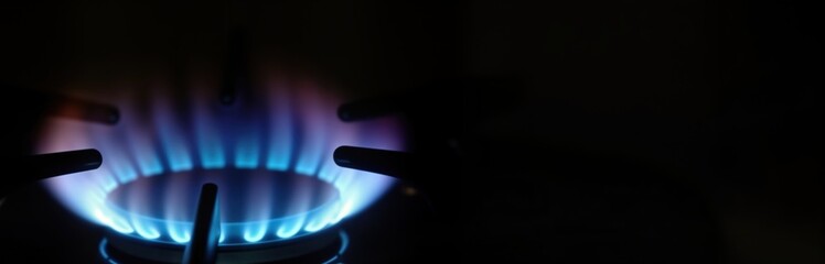 Close-up of gas burner flame. Blue flames glow brightly on gas stove. Kitchen setting. Energy source. Home appliance. Cooking concept. Warmth. Light. Dark background. Fuel source. Energy consumption.
