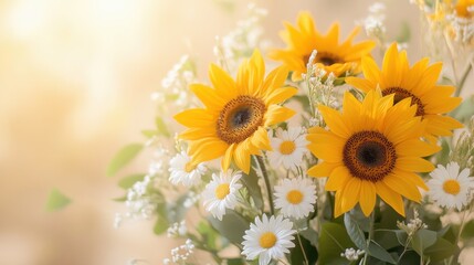 Obraz premium Yellow sunflowers and white daisies on taupe background with sunlight