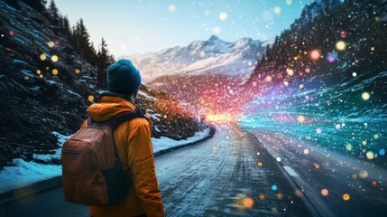 Woman Backpacker Winter Journey Magical Road Snowy Mountains