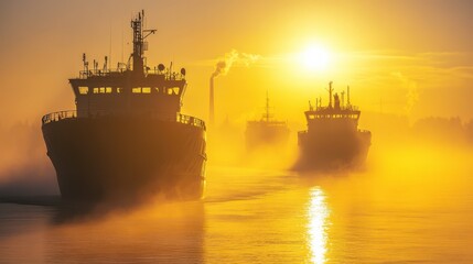 Fototapeta premium Golden Dawn Over Harbor with Ships and Haze