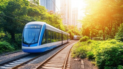 Obraz premium Futuristic Electric Train in Urban Greenery