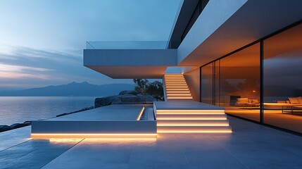 Fototapeta premium Modern Coastal House Illuminated at Dusk Overlooking the Sea