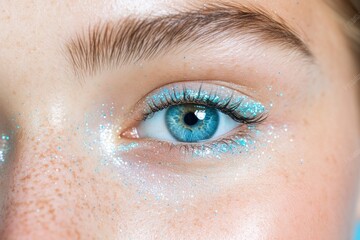 Fototapeta premium This striking close-up features a single, mesmerizing blue eye enhanced with shimmering, light-blue glitter, perfect for a bold and imaginative beauty statement it evokes a futuristic singles night