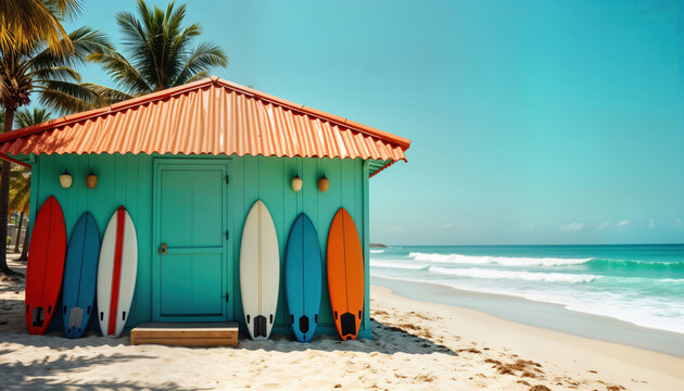 Surf shack on sandy beach. Colorful surfboards lean against turquoise colored building. Calm ocean waves gently lap shore. Palm trees line beach. Sunny day. Relaxing vacation vibe. Perfect tropical - Powered by Adobe